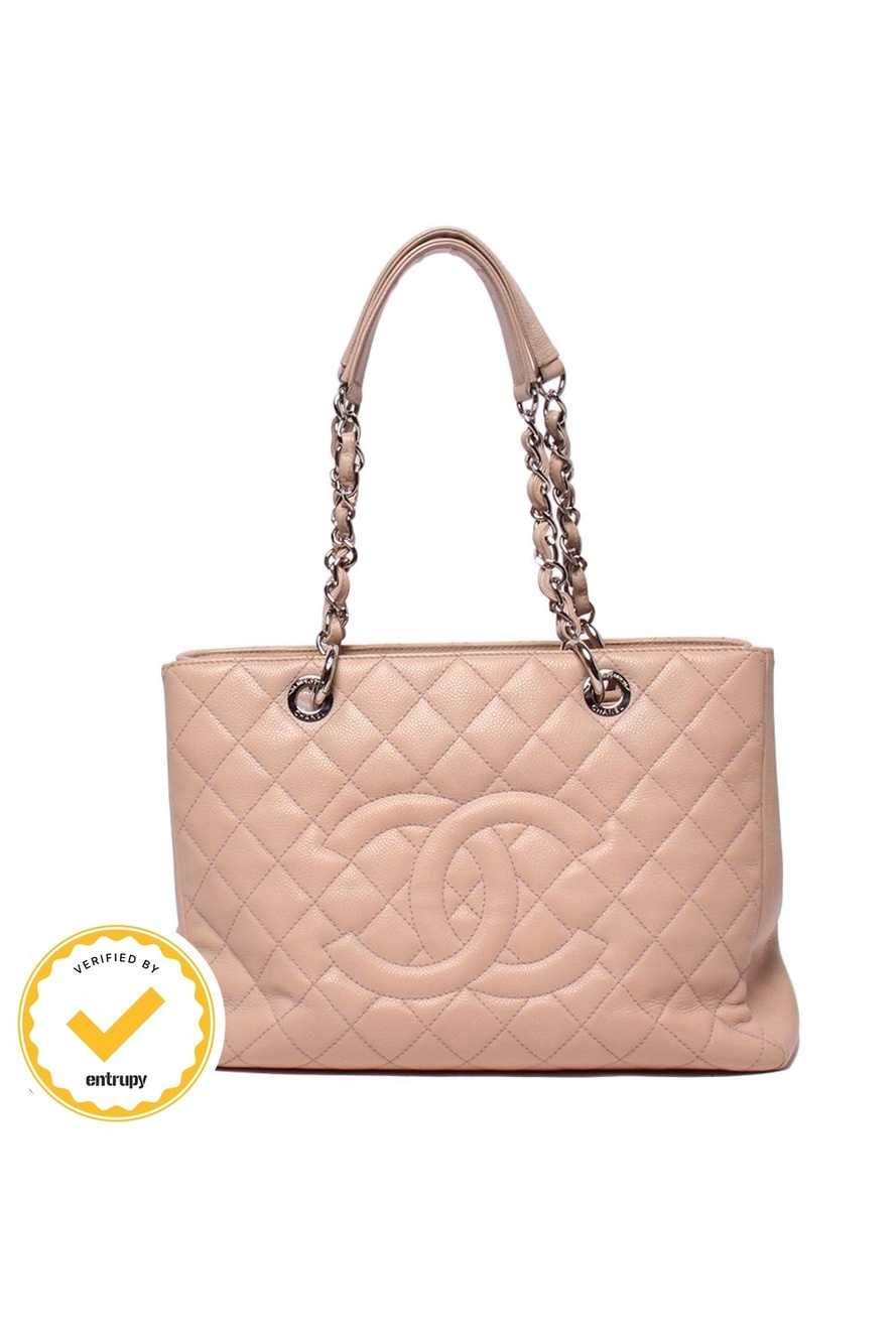 Chanel Chain Tote Bag Silver Caviar Leather Grand Shopping GST